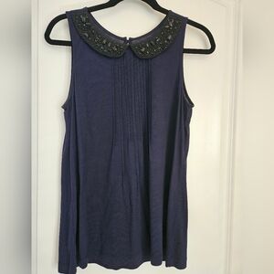 LOFT Navy Sleeveless Tank with Beaded Peter Pan Collar